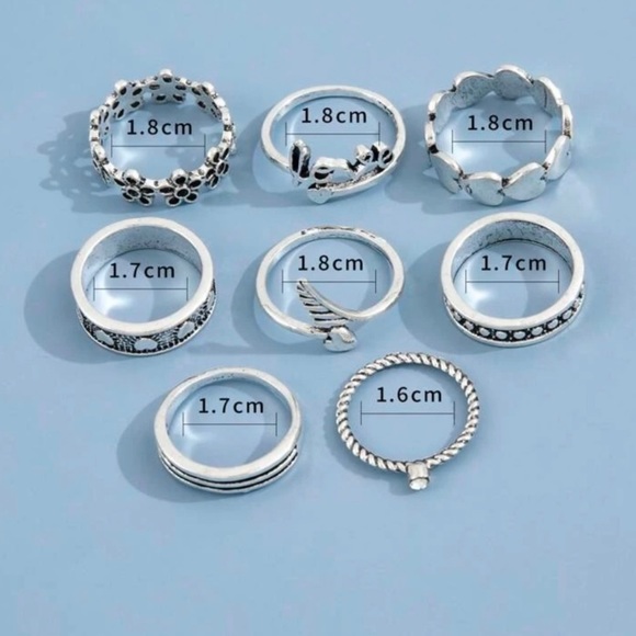 JWR9) New! 8pc Antique Silver Boho Hearts Words flowers Set if 8 Rings - Picture 4 of 5
